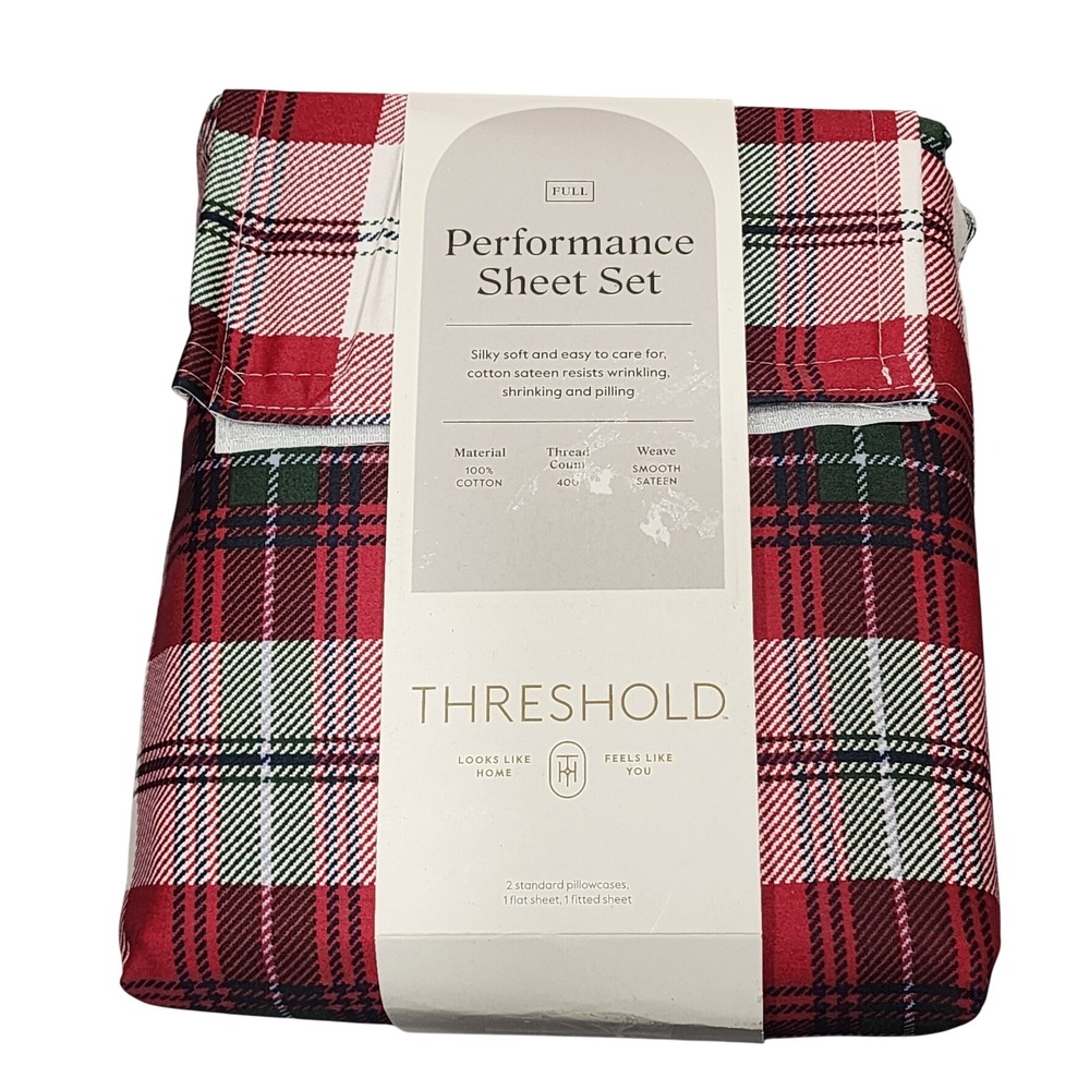 Threshold Performance Sheet Set Full Red Plaid 400 TC 100% Cotton Sateen 4pc